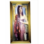 Tumedate pikkade lahtiste juustega naine punases kleidis.35*17cm 2005