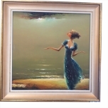 Sinise kleidi ja tumeda peaga naine mere ääres 42*42cm  1997a