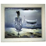 Naine laual istumas ja paat mere ääres 53*45cm1993  